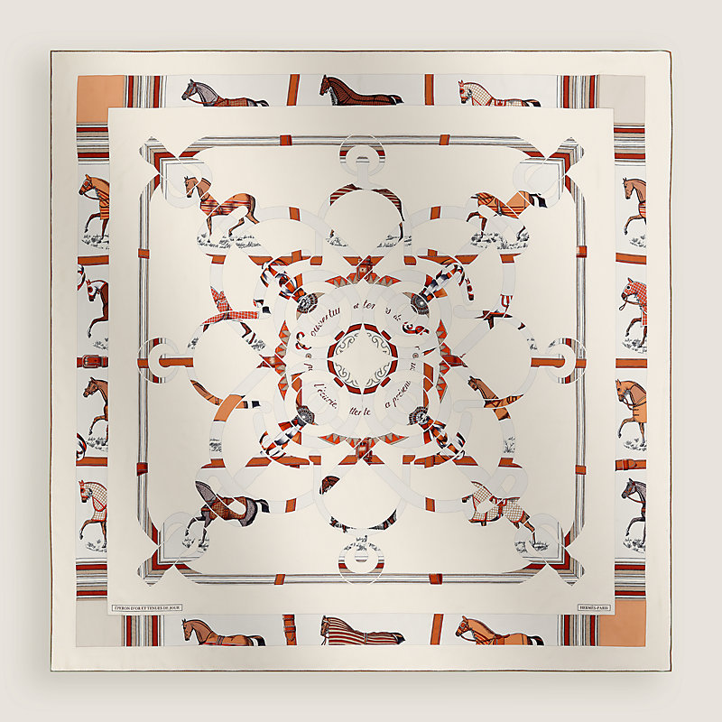 ⑦Hermès Effondées d'un jour スカーフ Eperon d'Or et Tenues de Jour embroidered giant scarf - White